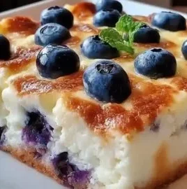 Blueberry Cottage Cheese Breakfast Bake topped with fresh blueberries