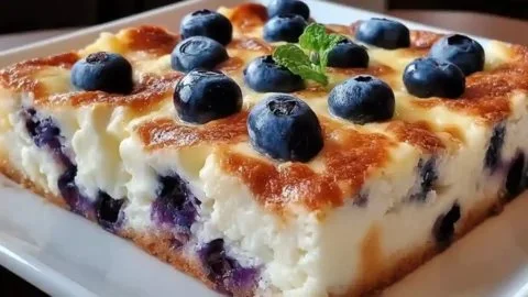 Blueberry Cottage Cheese Breakfast Bake topped with fresh blueberries