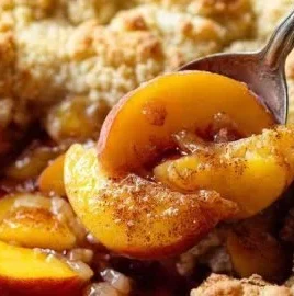 Delicious cast iron peach cobbler dessert fresh from the oven