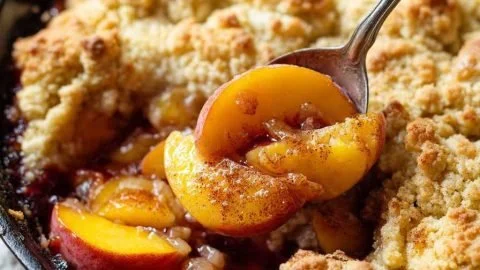 Delicious cast iron peach cobbler dessert fresh from the oven
