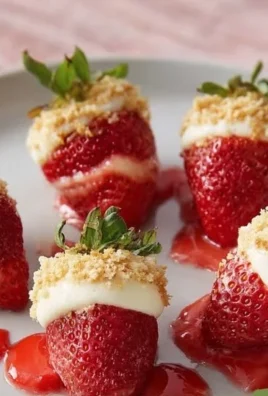 Close-up of cheesecake stuffed strawberries on a white plate