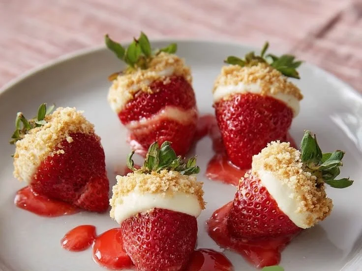 Close-up of cheesecake stuffed strawberries on a white plate