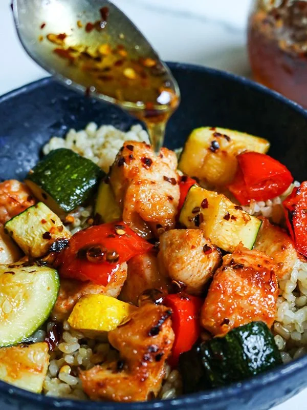Chicken and Rice Bowl with Homemade Hot Honey