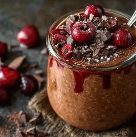Bowl of Chocolate Cherry Overnight Oats topped with cherries and chocolate chips