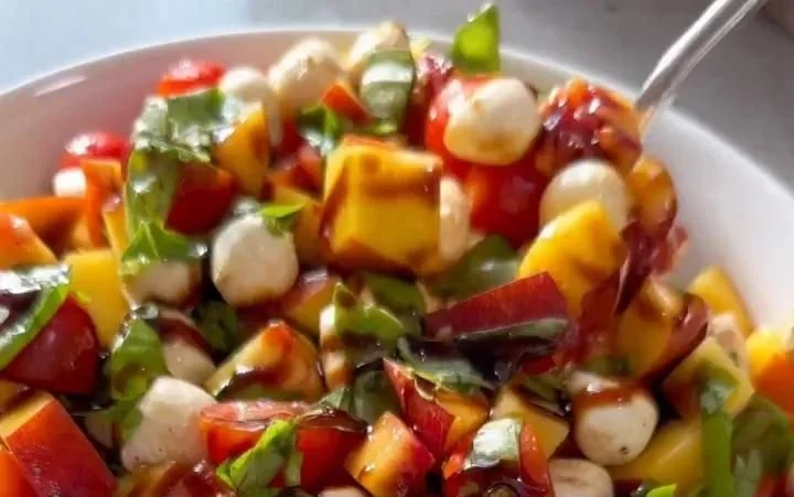 Chopped Peach Caprese Salad with ripe peaches, mozzarella, and basil