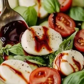 Fresh Cucumber Caprese salad with basil, mozzarella, and tomatoes
