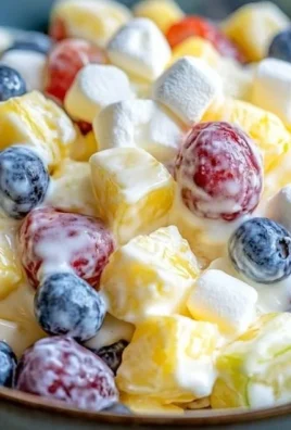 Creamy fruit salad with assorted fresh fruits in a bowl.