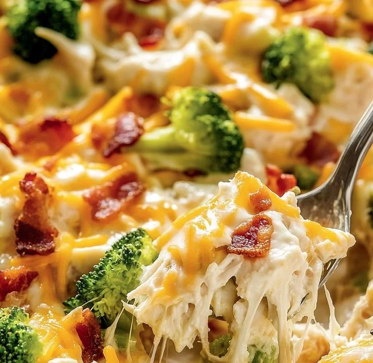 A delicious creamy low carb chicken casserole topped with cheese and herbs