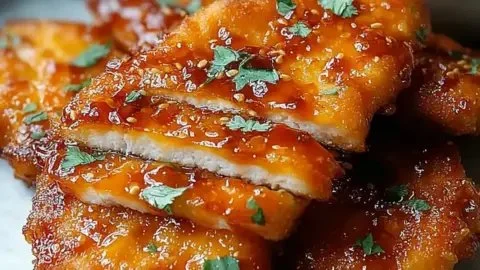 Crispy Baked Hot Honey Chicken garnished and ready to serve.