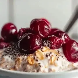 Cherry pie overnight oats in a bowl with fresh cherries on top