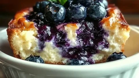 Baked cottage cheese with blueberries, a delicious breakfast option.