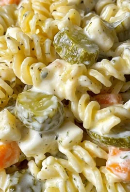Dill pickle pasta salad in a bowl, garnished with fresh herbs.