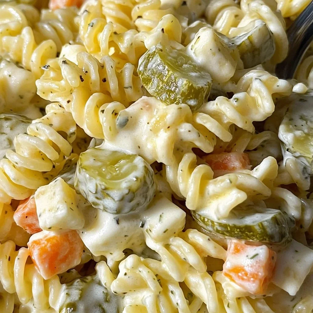 Dill pickle pasta salad in a bowl, garnished with fresh herbs.