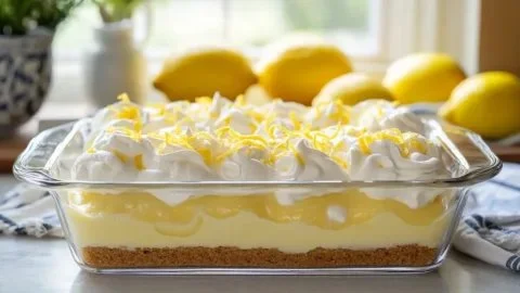 Refreshing easy lemon icebox dessert served on a plate with lemon slices.