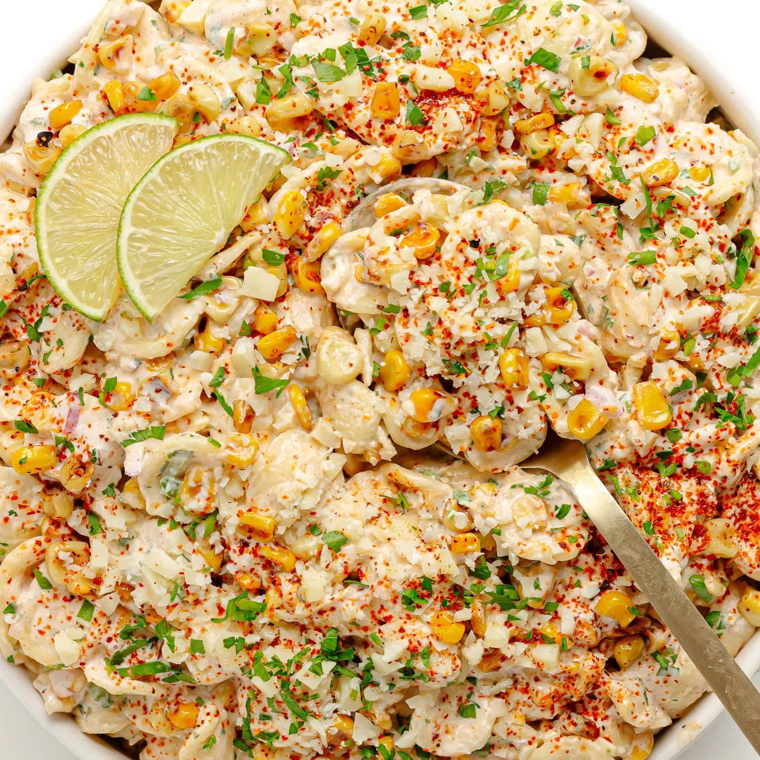 Elote pasta salad featuring Mexican street corn and creamy dressing