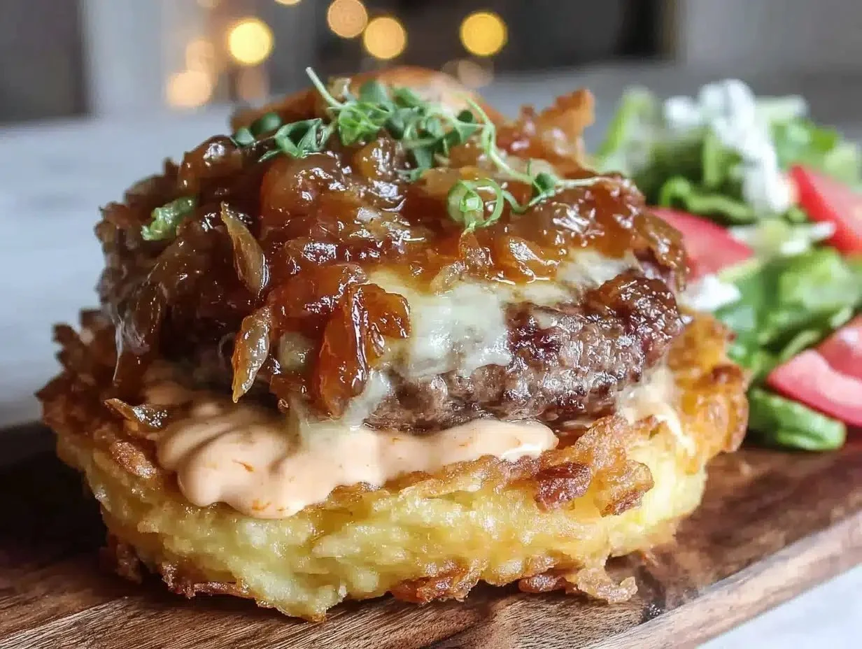 Delicious smash burger topped with caramelized onion jam and crispy cheese skirt