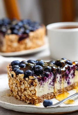 Flourless Blueberry Cottage Cheese Cake topped with fresh blueberries