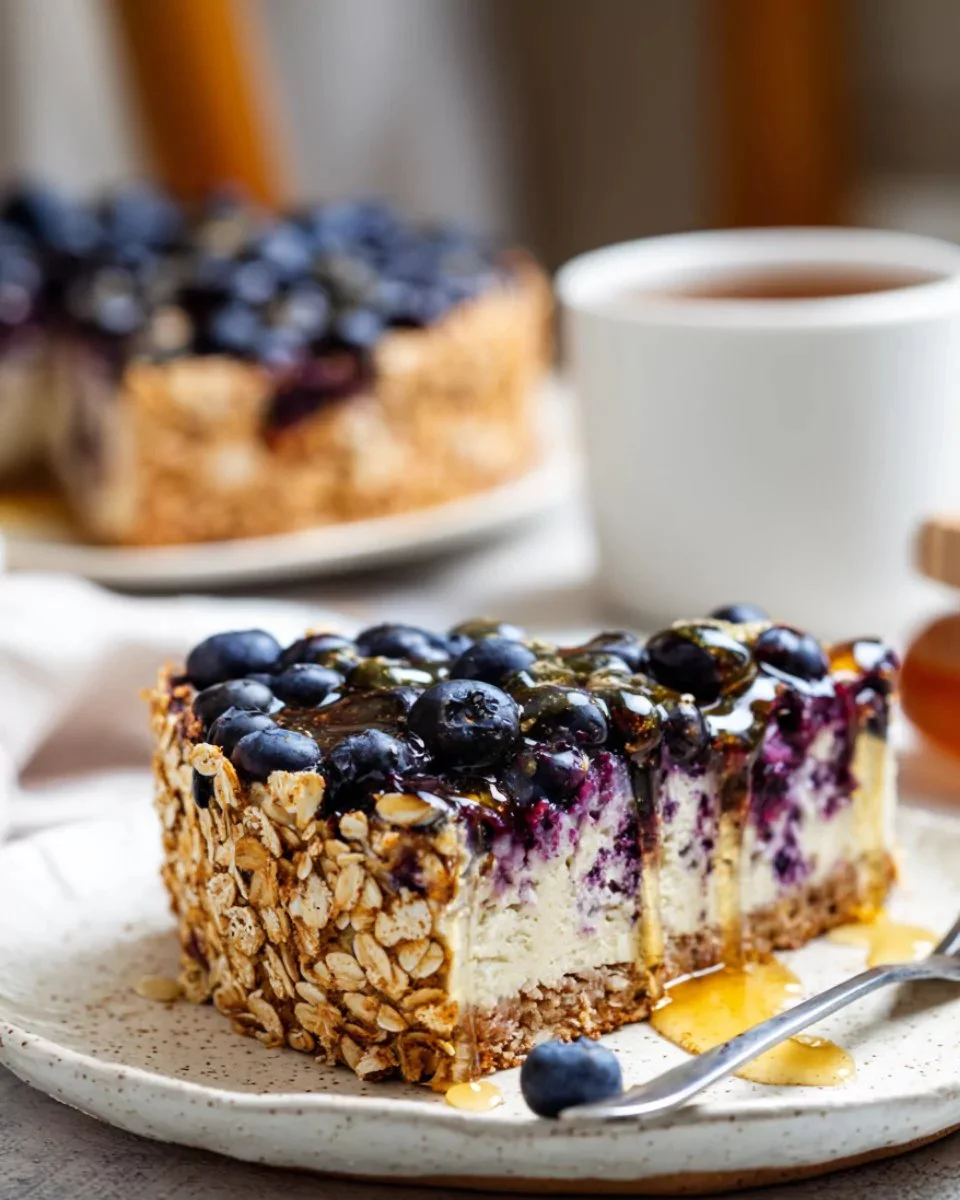 Flourless Blueberry Cottage Cheese Cake topped with fresh blueberries