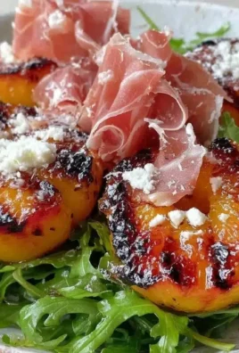 Fresh summer grilled peach salad with arugula and prosciutto