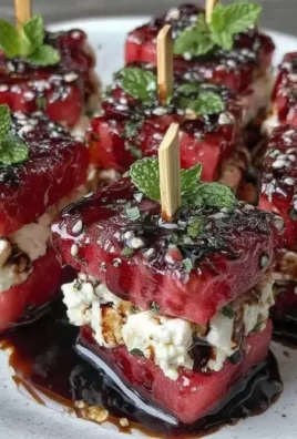 Fresh watermelon feta skewers drizzled with balsamic glaze and garnished with mint