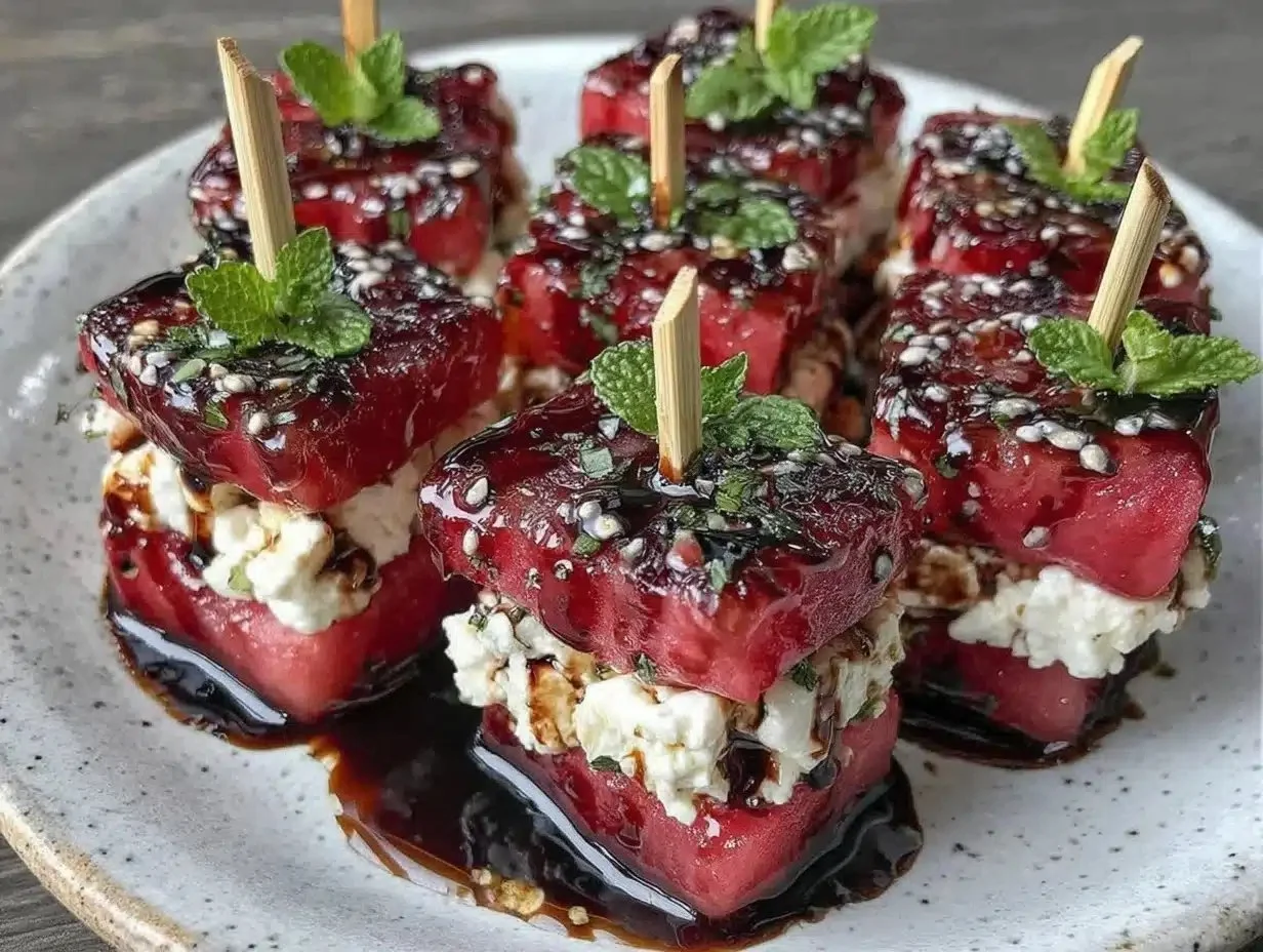 Fresh Watermelon Feta Mint Skewers with Balsamic Drizzle