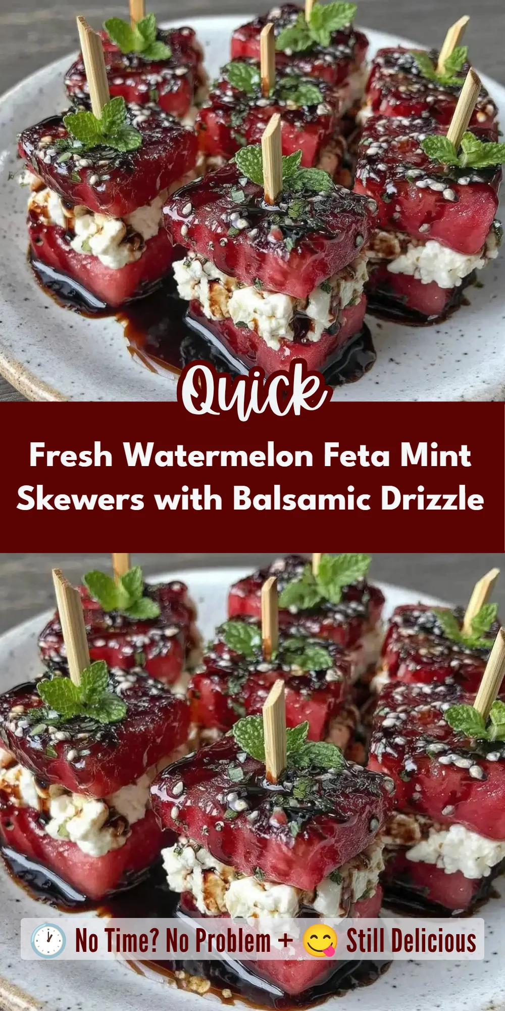 Fresh Watermelon Feta Mint Skewers with Balsamic Drizzle