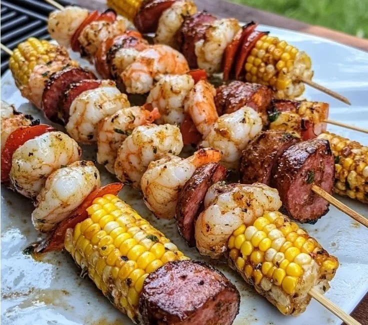 Delicious grilled seafood skewers with shrimp and vegetables on the grill