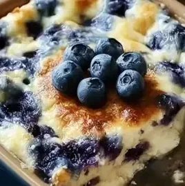High protein blueberry cottage cheese bake topped with fresh blueberries