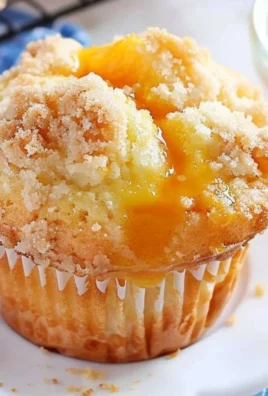 Baked homemade peach cobbler muffins with fresh peaches and cinnamon