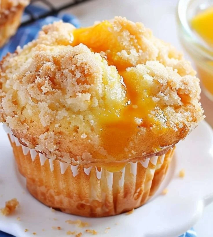 Baked homemade peach cobbler muffins with fresh peaches and cinnamon