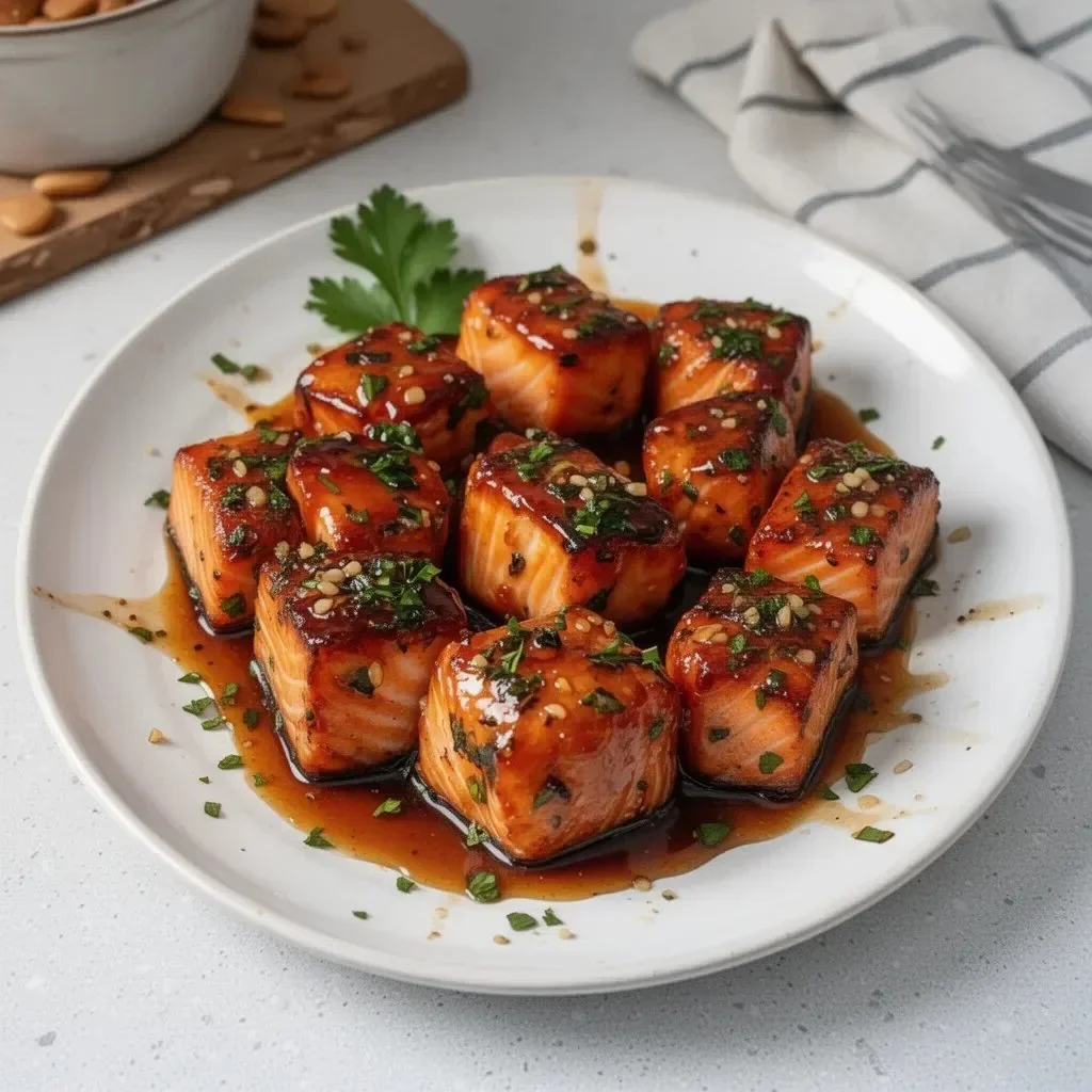 Honey butter garlic glazed salmon bites served on a plate.