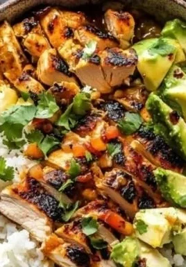 Honey Chipotle Chicken Rice Bowl garnished with fresh vegetables and lime