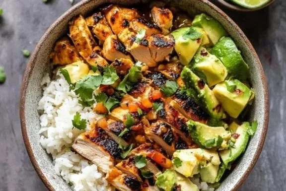Honey Chipotle Chicken Rice Bowl garnished with fresh vegetables and lime