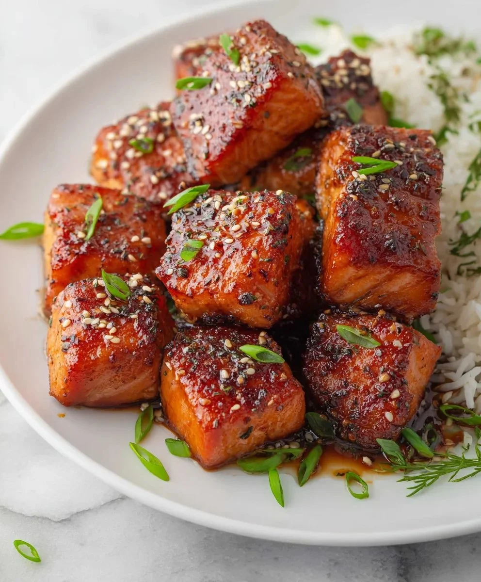 Delicious honey garlic salmon bites served on a platter