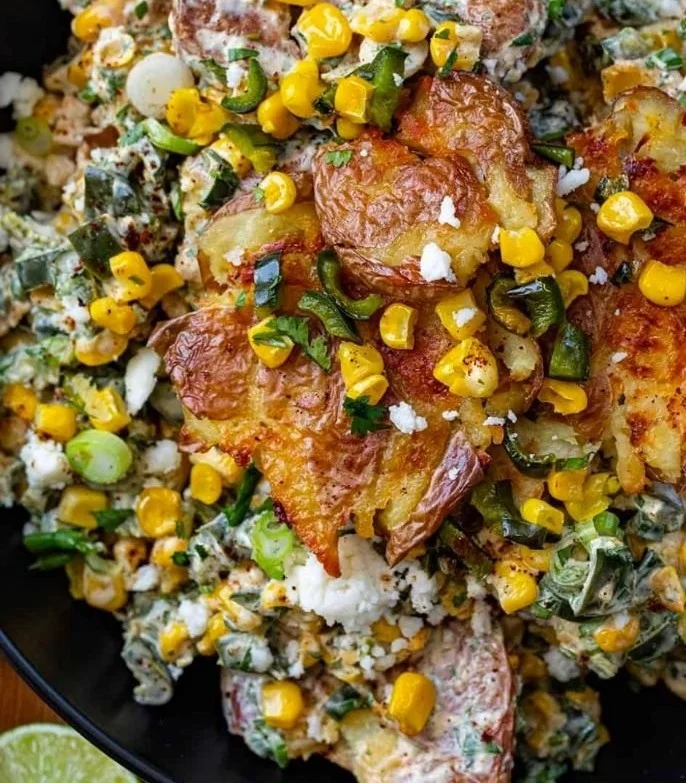 Mexican street corn smashed potato salad served in a bowl