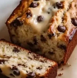 Moist Greek yogurt banana bread loaf with slices on a rustic wooden table