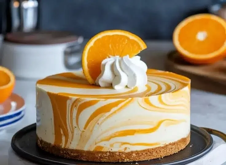 No-bake creamsicle cheesecake with orange and vanilla swirl