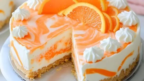 No-bake orange creamsicle cheesecake topped with orange slices and whipped cream