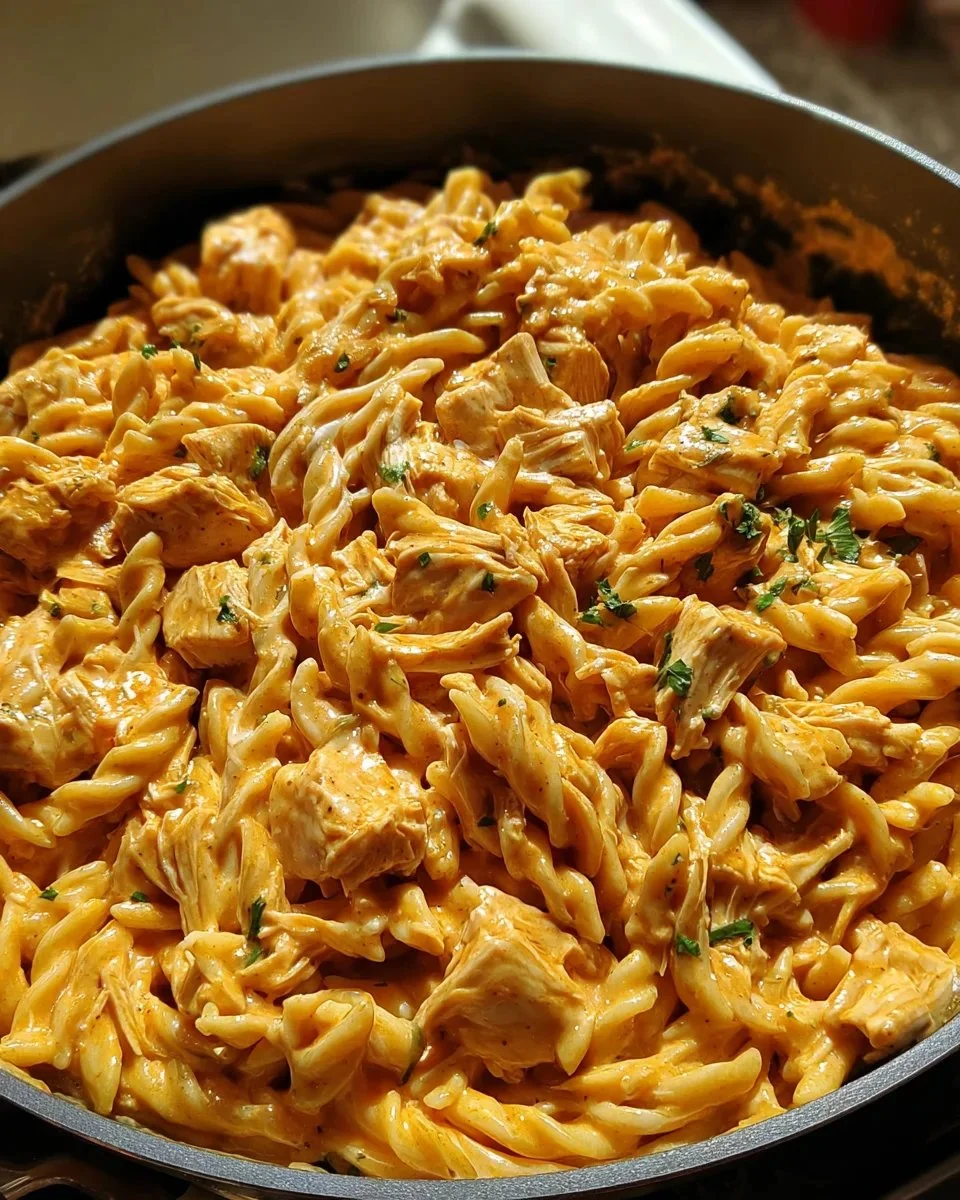 Delicious one-pot creamy honey BBQ chicken pasta in a white bowl.