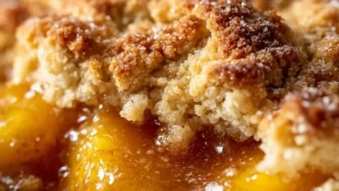 Delicious Paula Deen peach cobbler topped with golden crust and fresh peaches.
