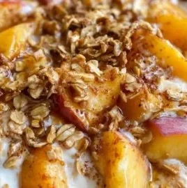 Bowl of Peach Cobbler Overnight Oats topped with fresh peaches and cinnamon
