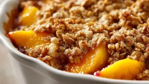 Delicious peach cobbler with oatmeal topping served in a baking dish