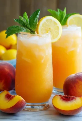 Refreshing peach lemonade served in a glass with lemon slices and peach slices