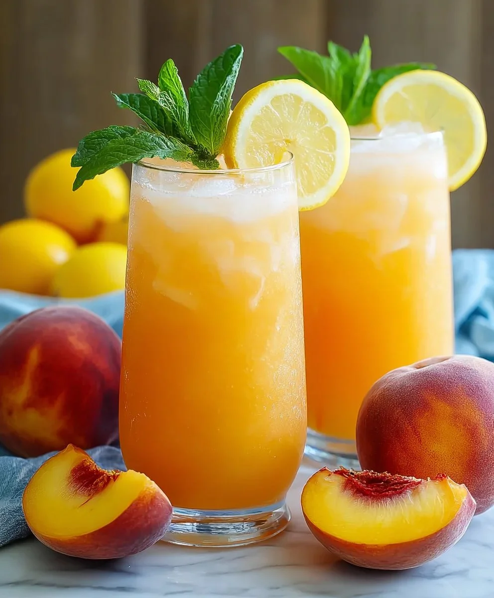 Refreshing peach lemonade served in a glass with lemon slices and peach slices