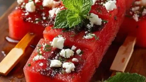 Refreshing watermelon feta skewers arranged on a platter for a summer snack