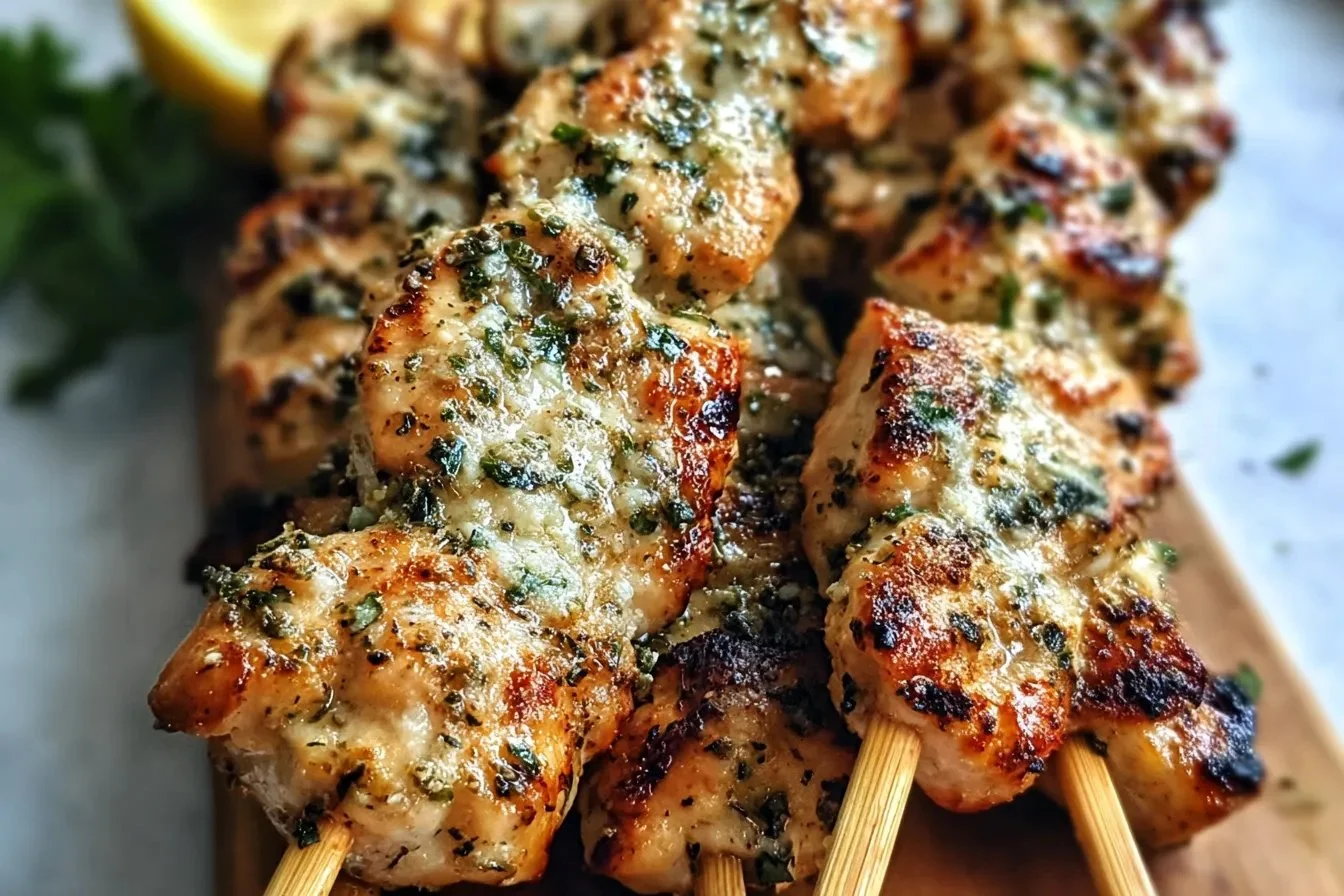 Savory Garlic Parmesan Chicken Skewers served on a grill.