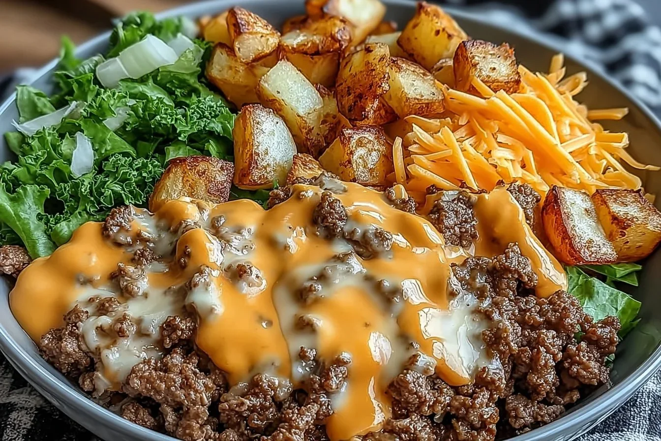 Delicious Smash Burger Bowl with toppings and ingredients