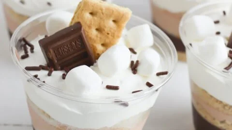 Delicious S'mores pudding parfait with layers of chocolate and marshmallows.