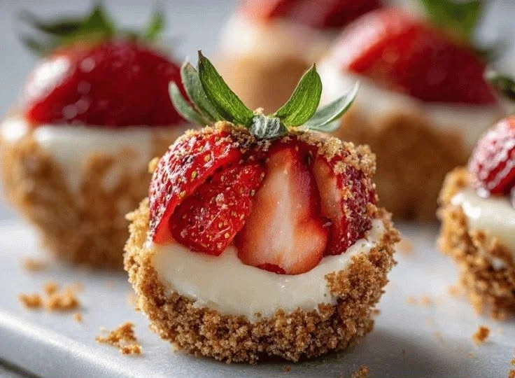Delicious strawberry cheesecake bites on a platter