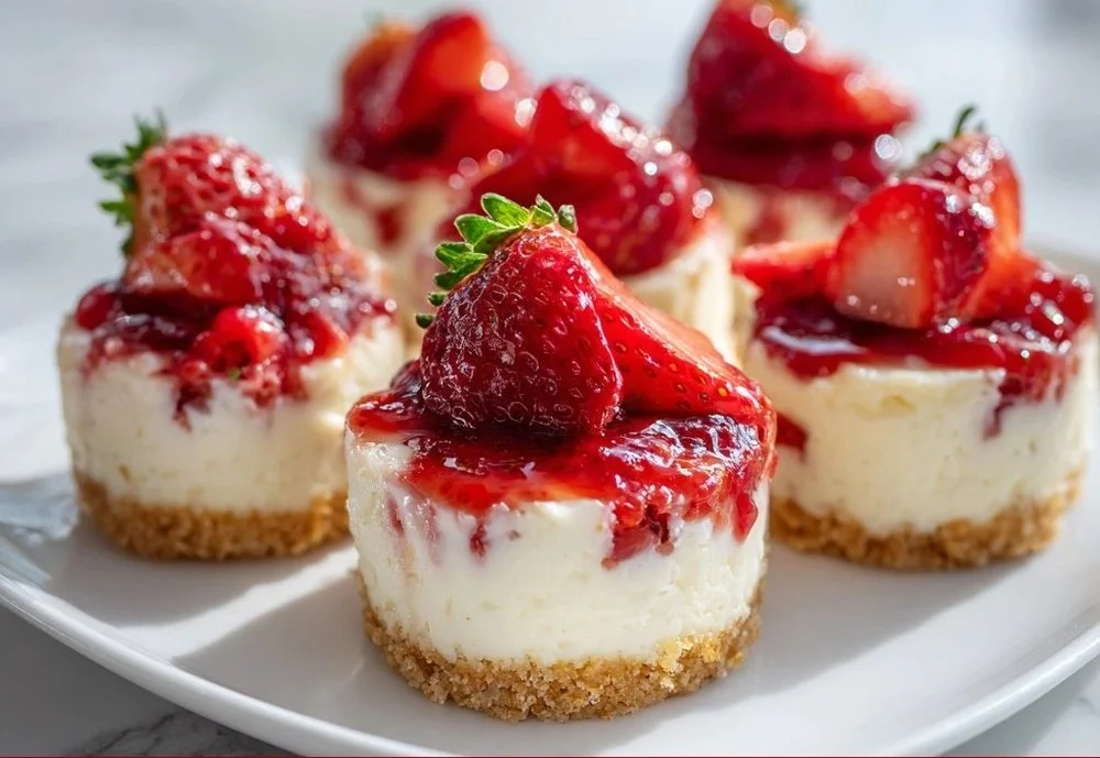 Delicious strawberry cheesecake bites on a white plate, topped with fresh strawberries.